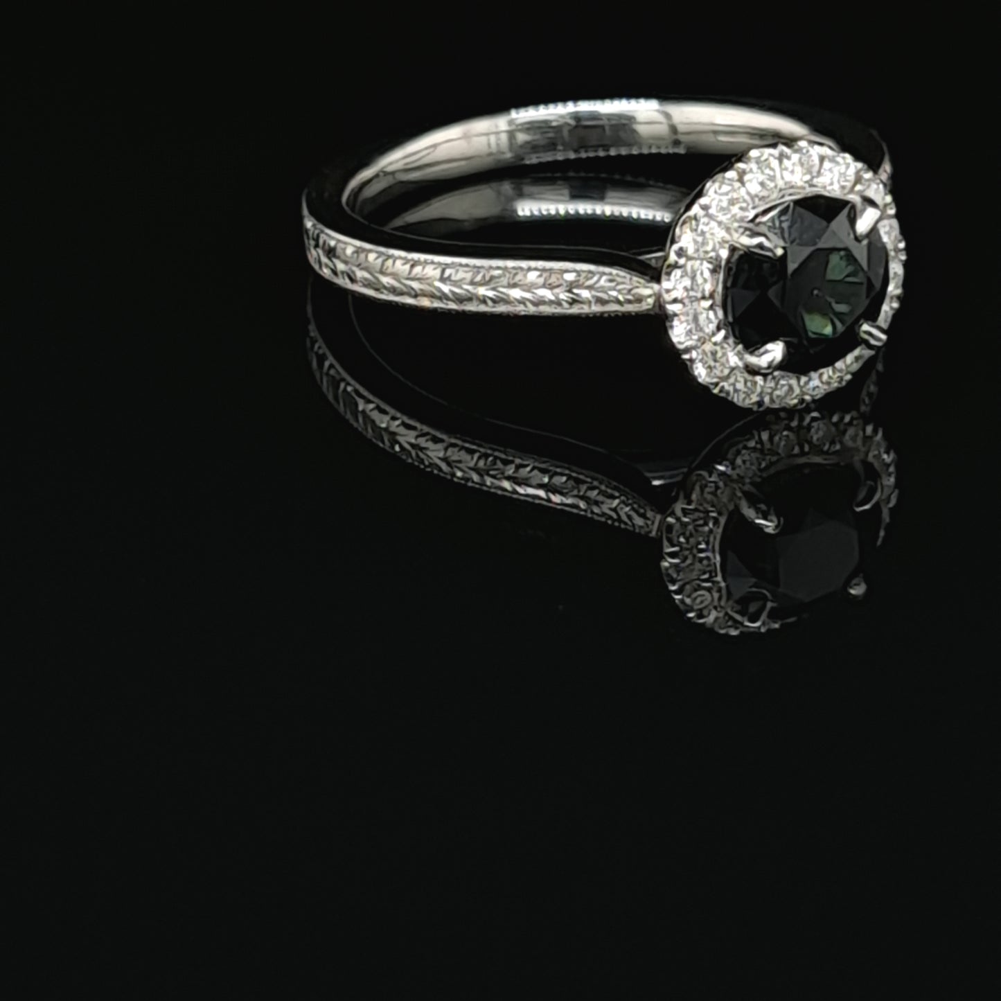 18ct white gold Australian Sapphire and Diamond Ring with hand engraved band