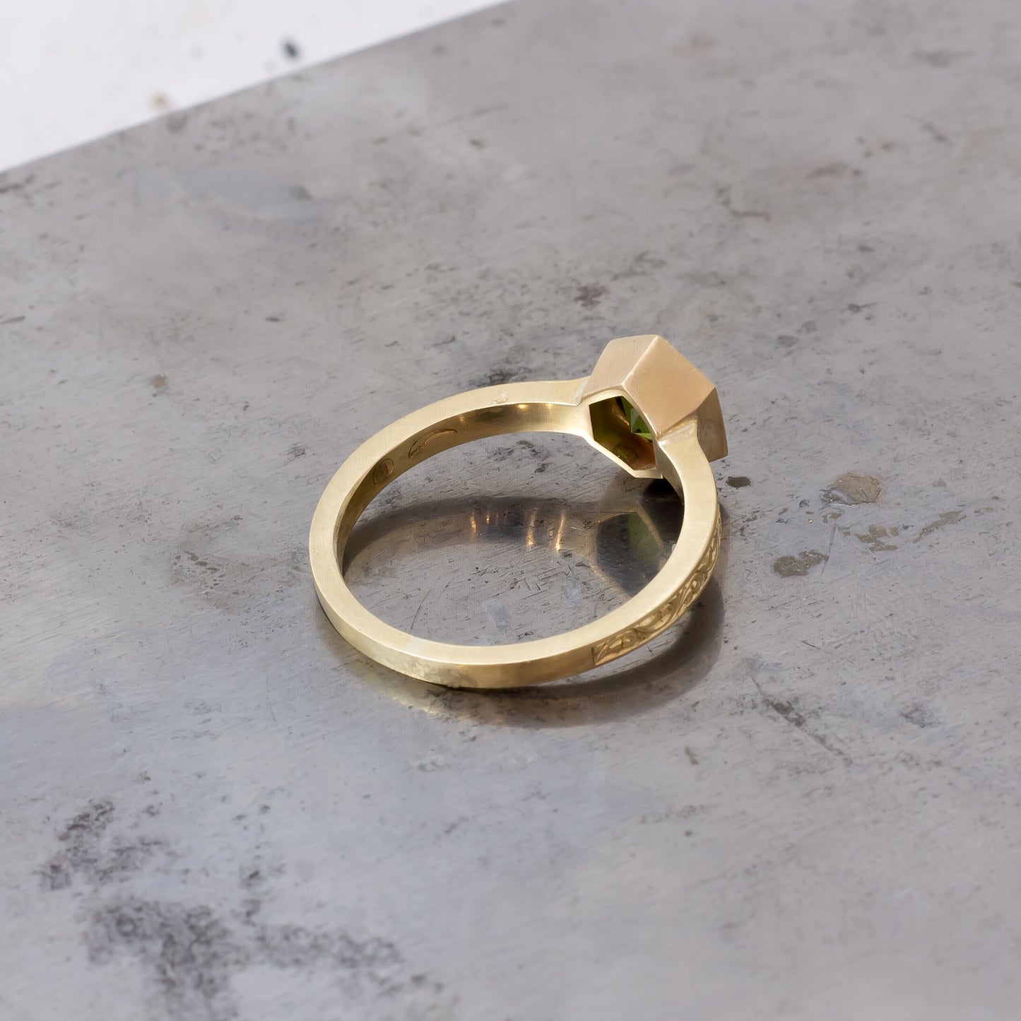 Hand Engraved Green Sapphire Ring
