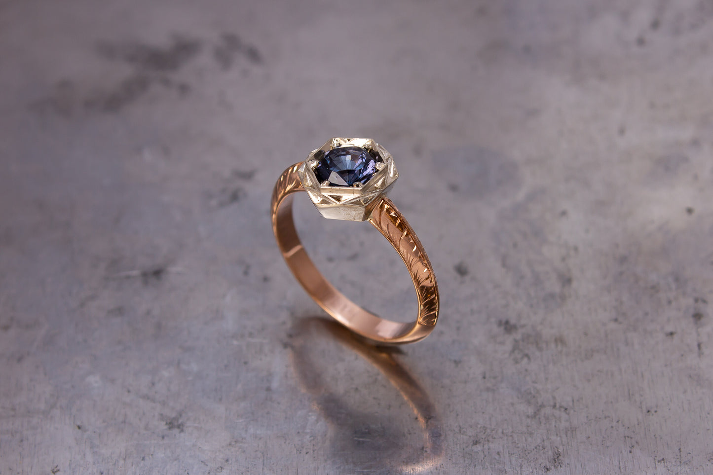 Blue Spinel Hand Engraved Ring - 9ct White & Rose Gold