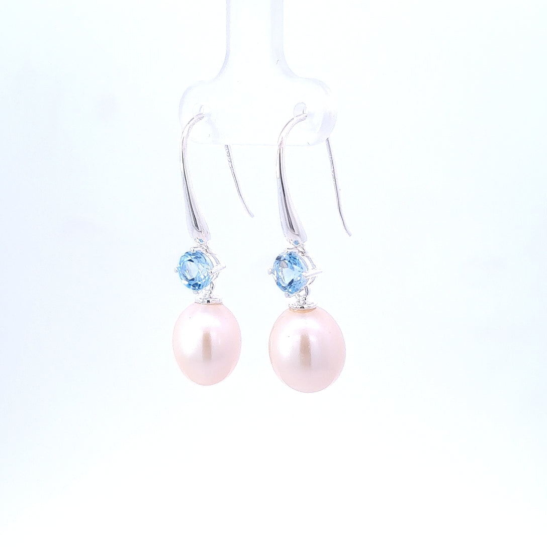 Sterling Silver Pearl & Blue topaz Drop Earrings
