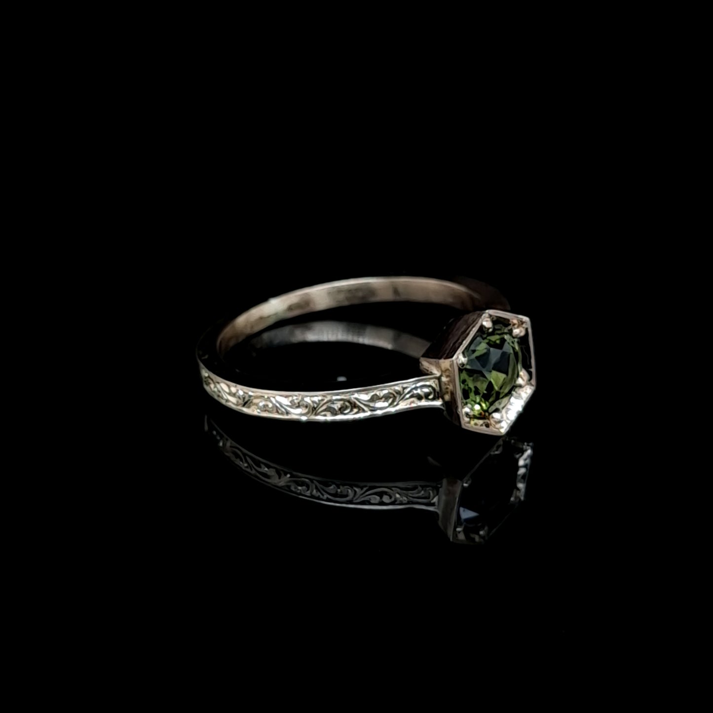 Hand Engraved Green Sapphire Ring