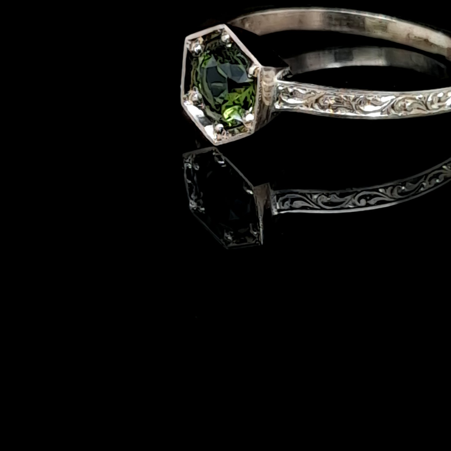 Hand Engraved Green Sapphire Ring