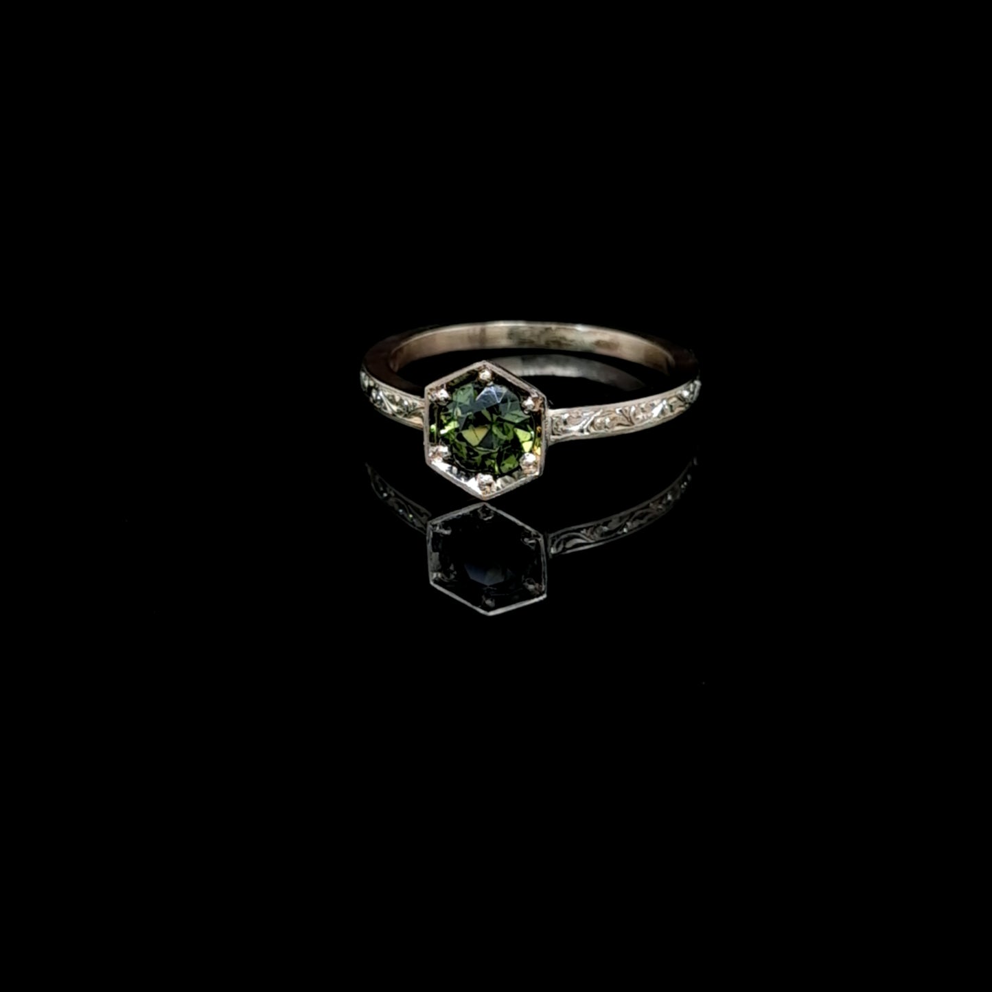 Hand Engraved Green Sapphire Ring