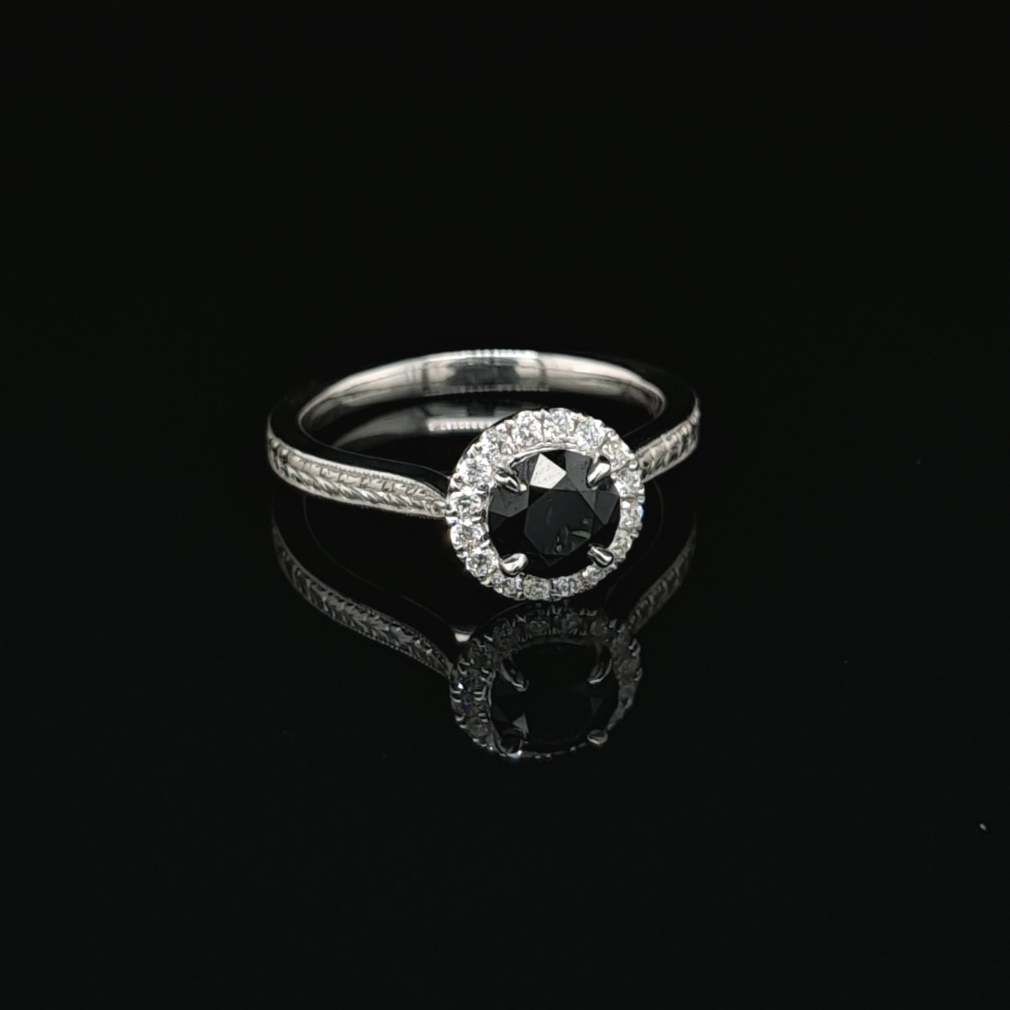 18ct white gold Australian Sapphire and Diamond Ring with hand engraved band