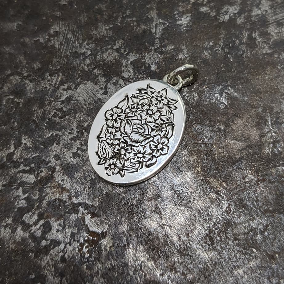 Hand Engraved Floral Bouquet Pendant with chain