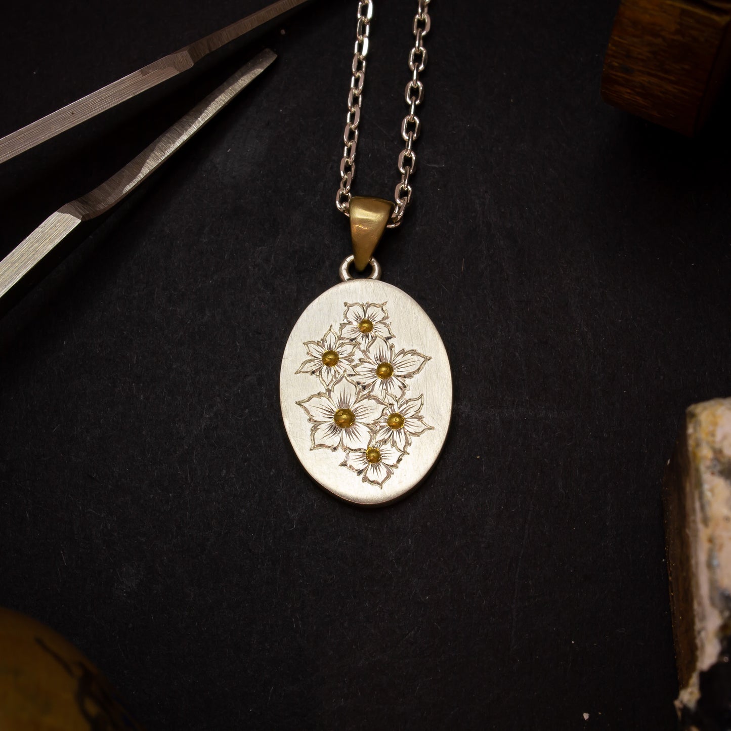 Hand Engraved Floral Bouquet Pendant with chain