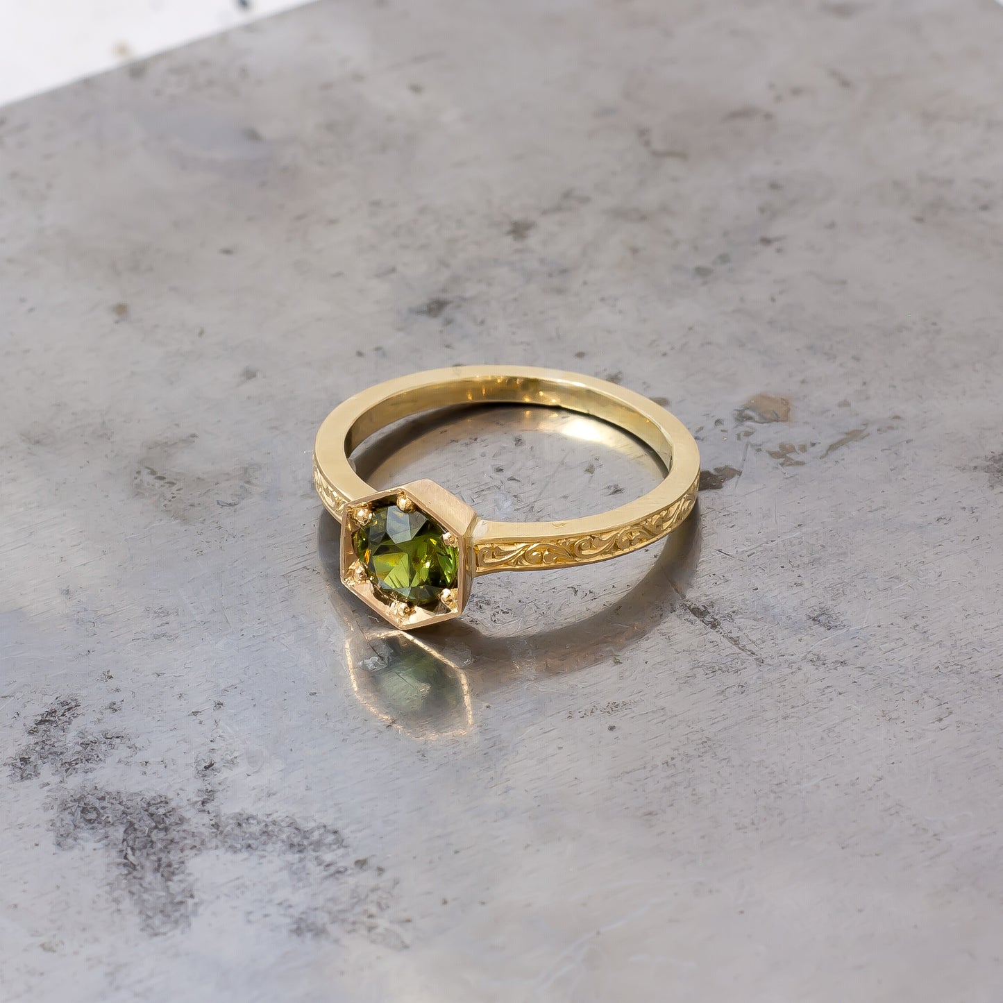 Hand Engraved Green Sapphire Ring