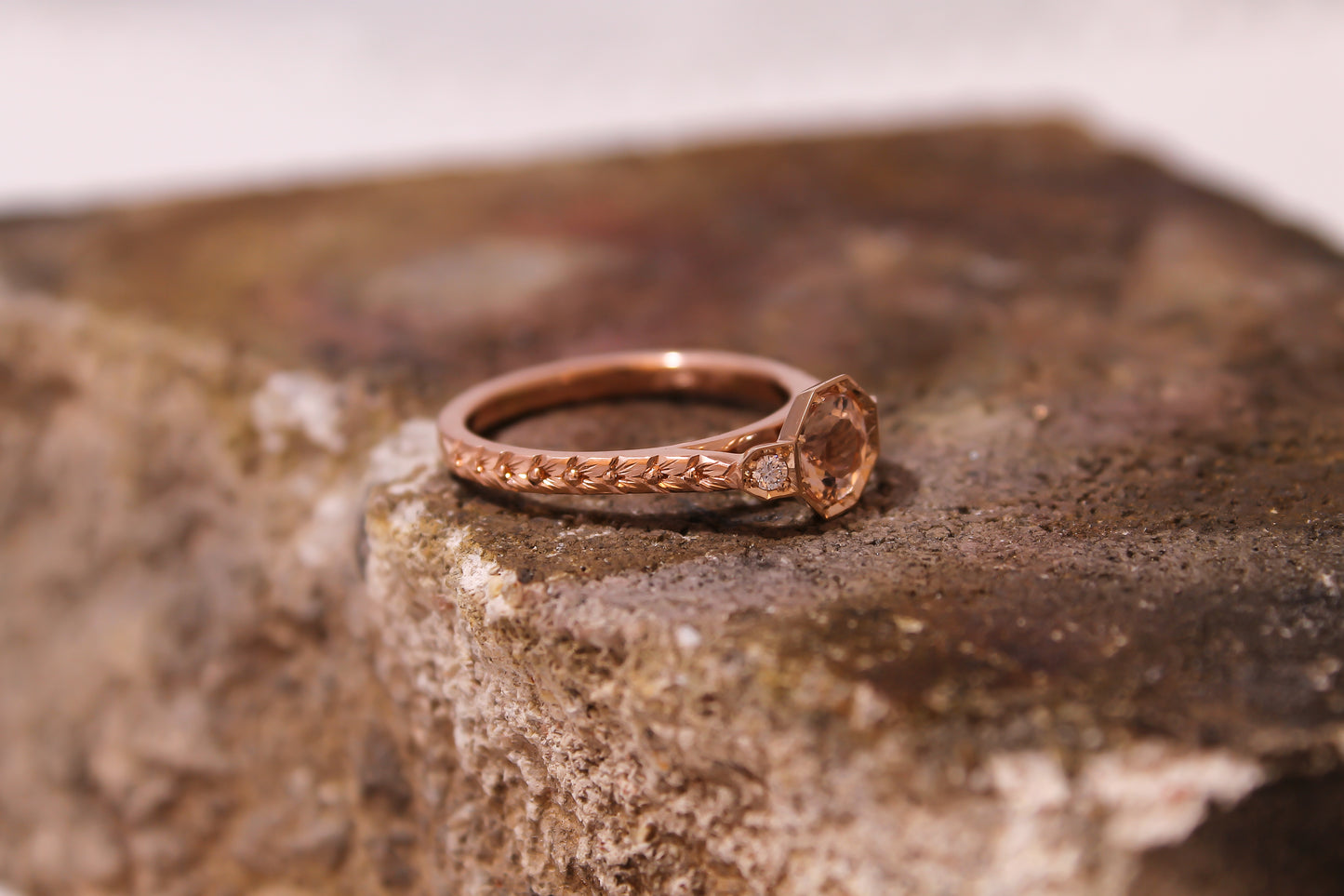 14ct Rose Gold Morganite & Diamond Ring with Hand Engraving