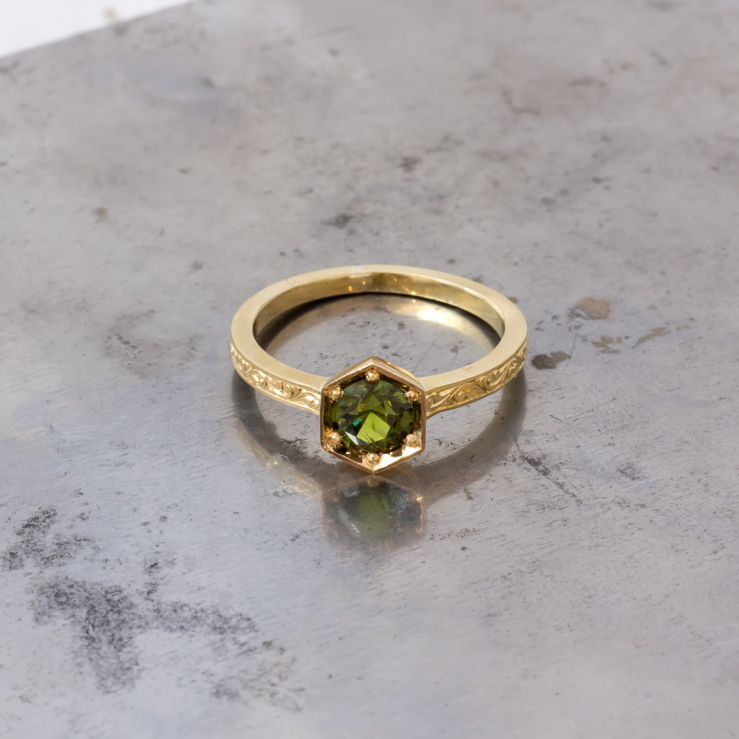 Hand Engraved Green Sapphire Ring