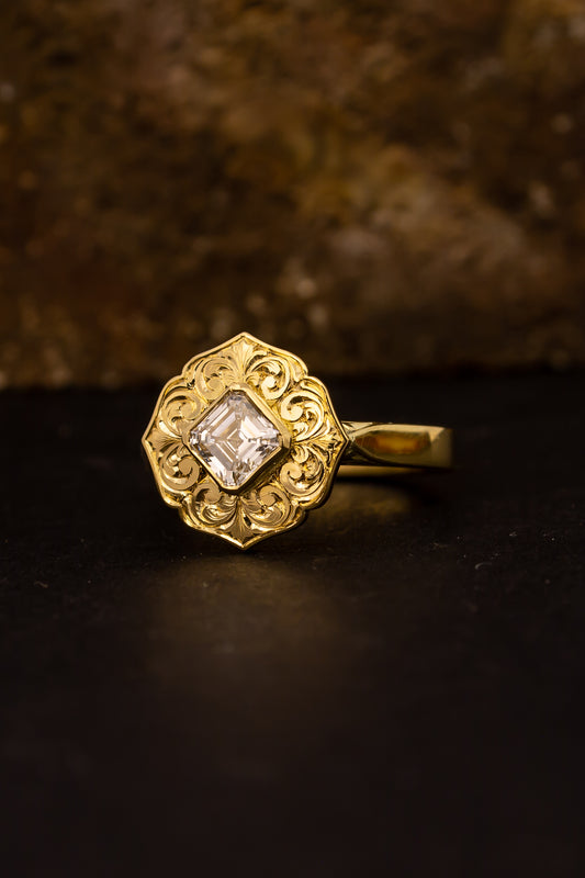 Flourish - 18ct yellow gold hand engraved ring with Asscher cut diamond