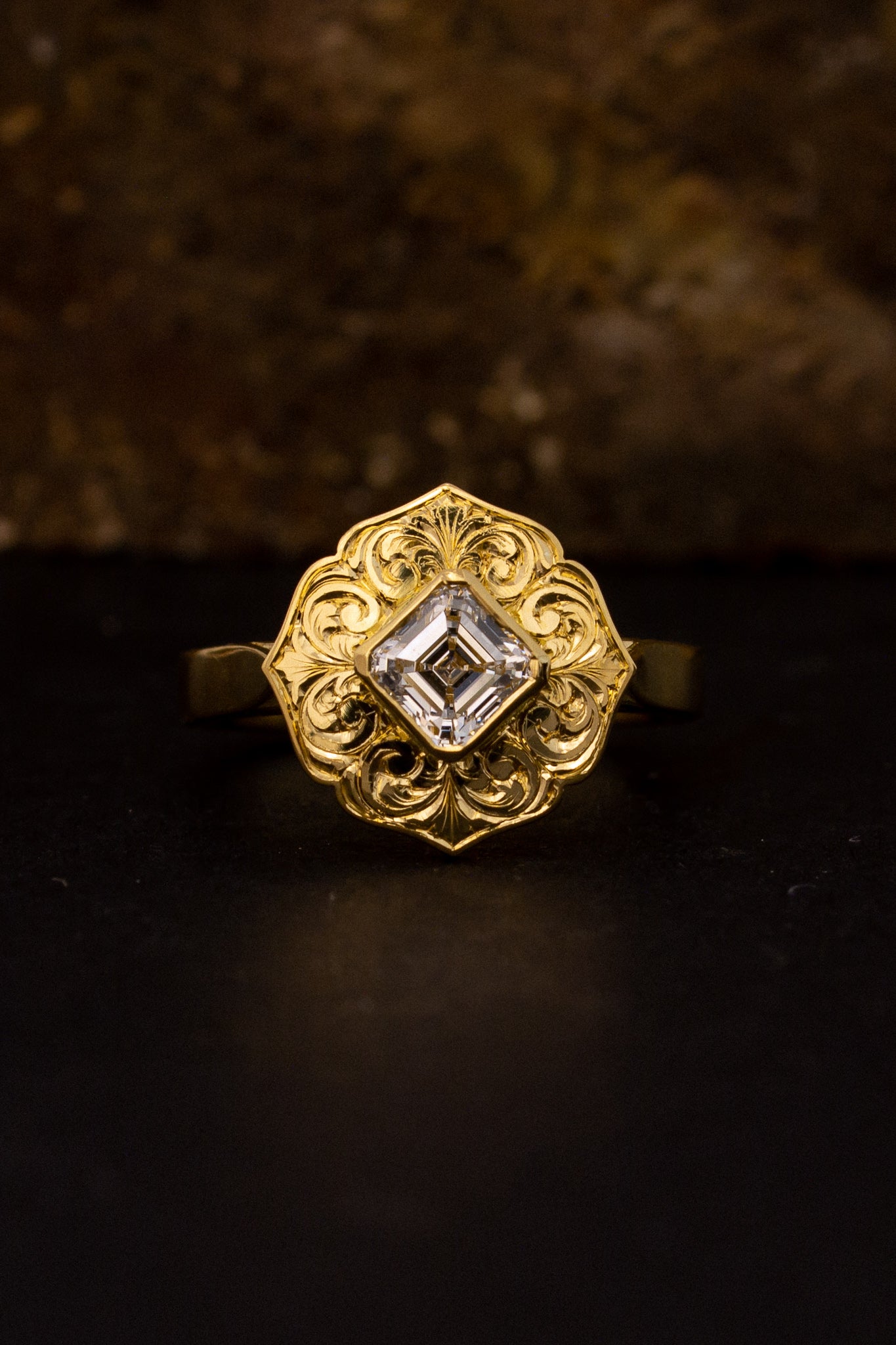 Flourish - 18ct yellow gold hand engraved ring with Asscher cut diamond