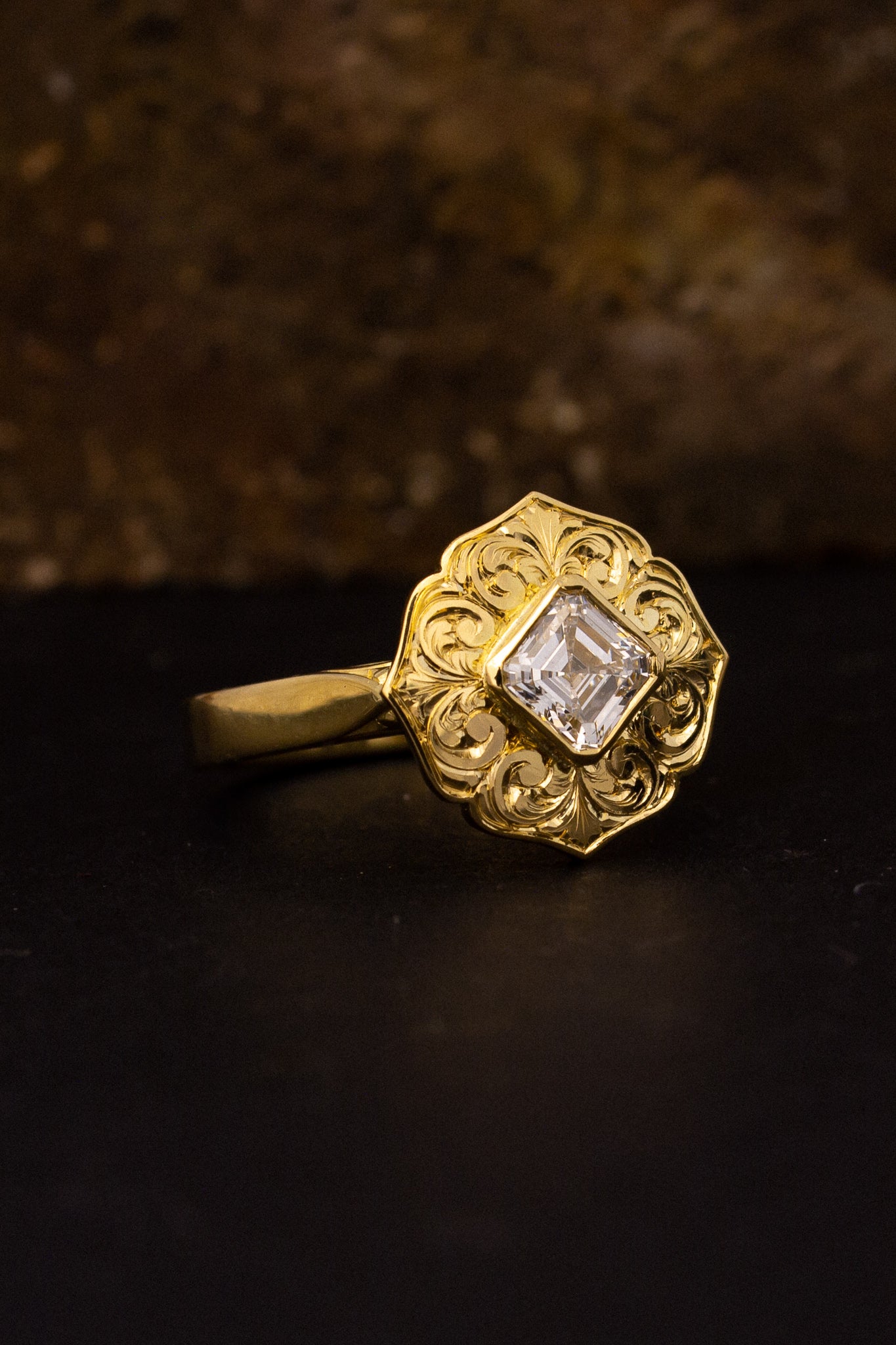 Flourish - 18ct yellow gold hand engraved ring with Asscher cut diamond