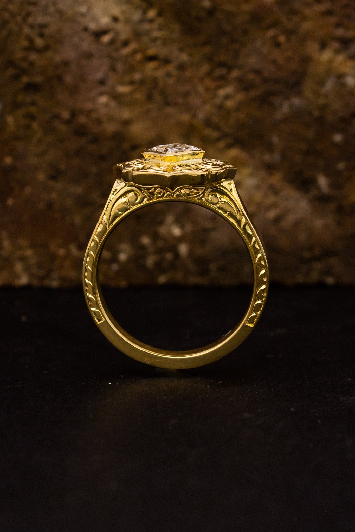 Flourish - 18ct yellow gold hand engraved ring with Asscher cut diamond