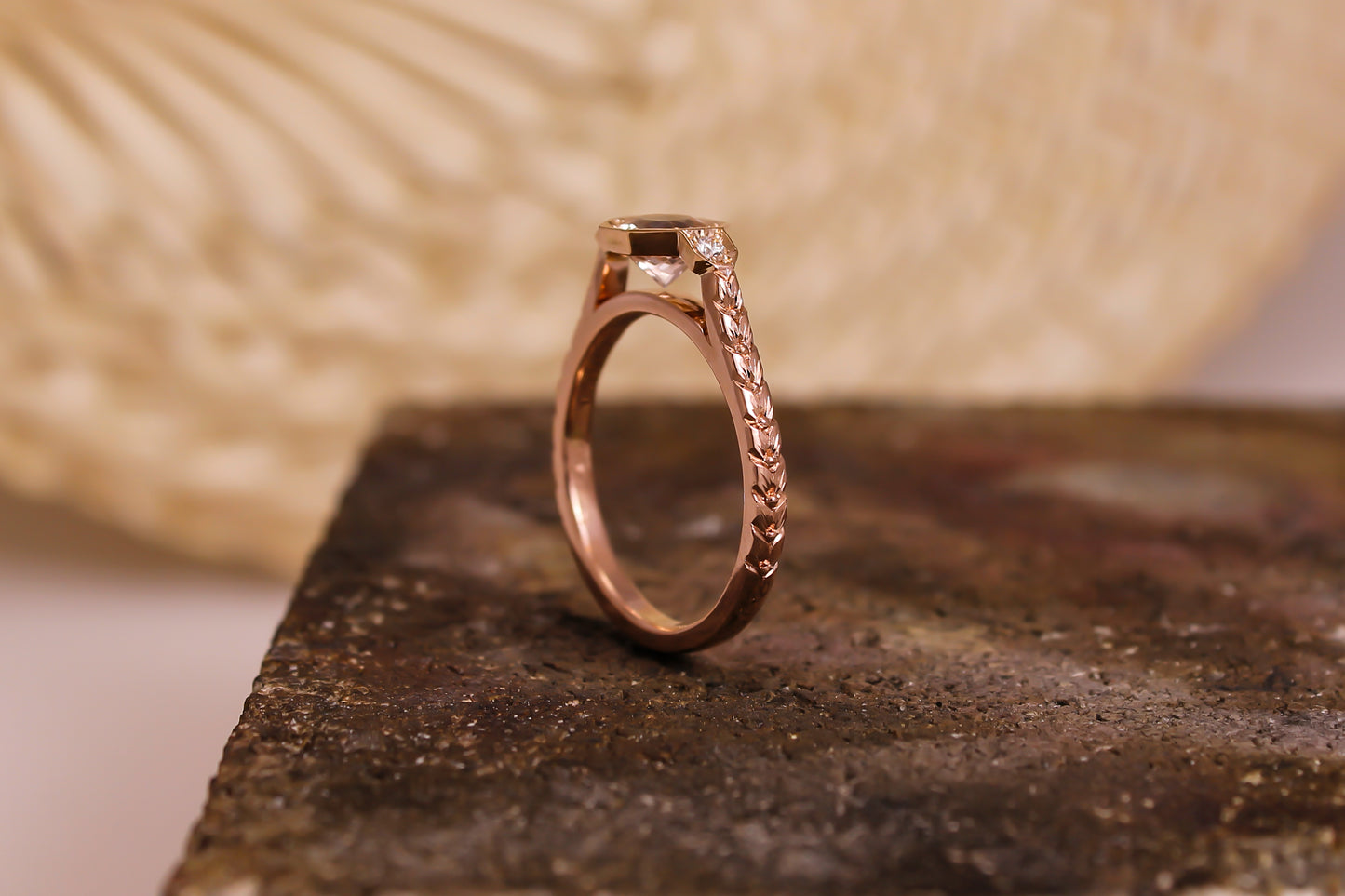 14ct Rose Gold Morganite & Diamond Ring with Hand Engraving