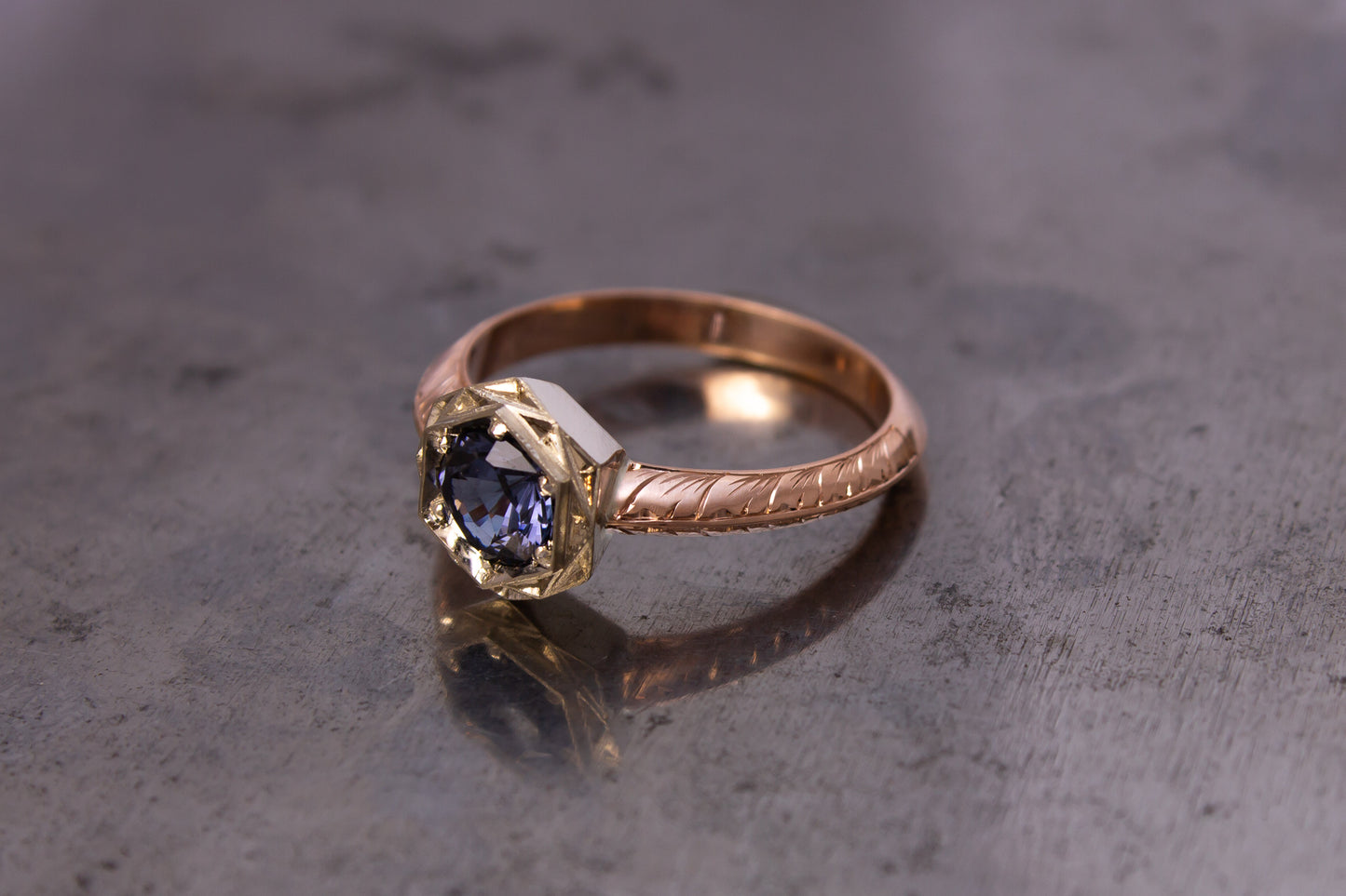 Blue Spinel Hand Engraved Ring - 9ct White & Rose Gold
