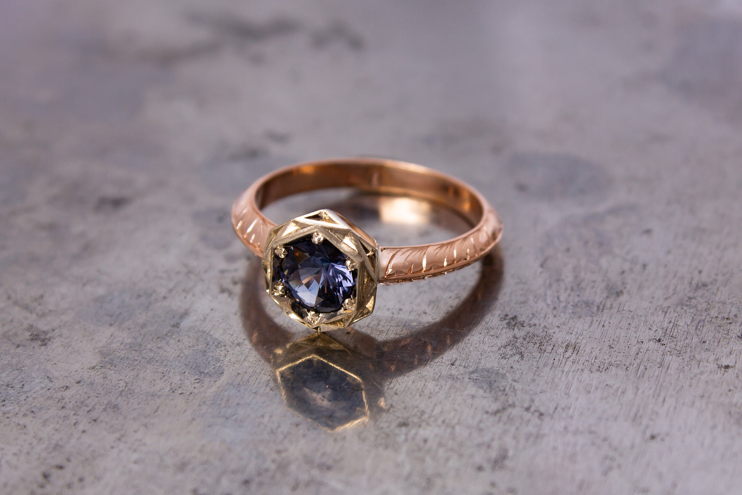 Blue Spinel Hand Engraved Ring - 9ct White & Rose Gold