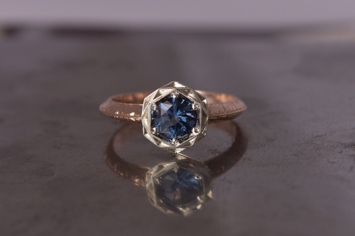 Blue Spinel Hand Engraved Ring - 9ct White & Rose Gold