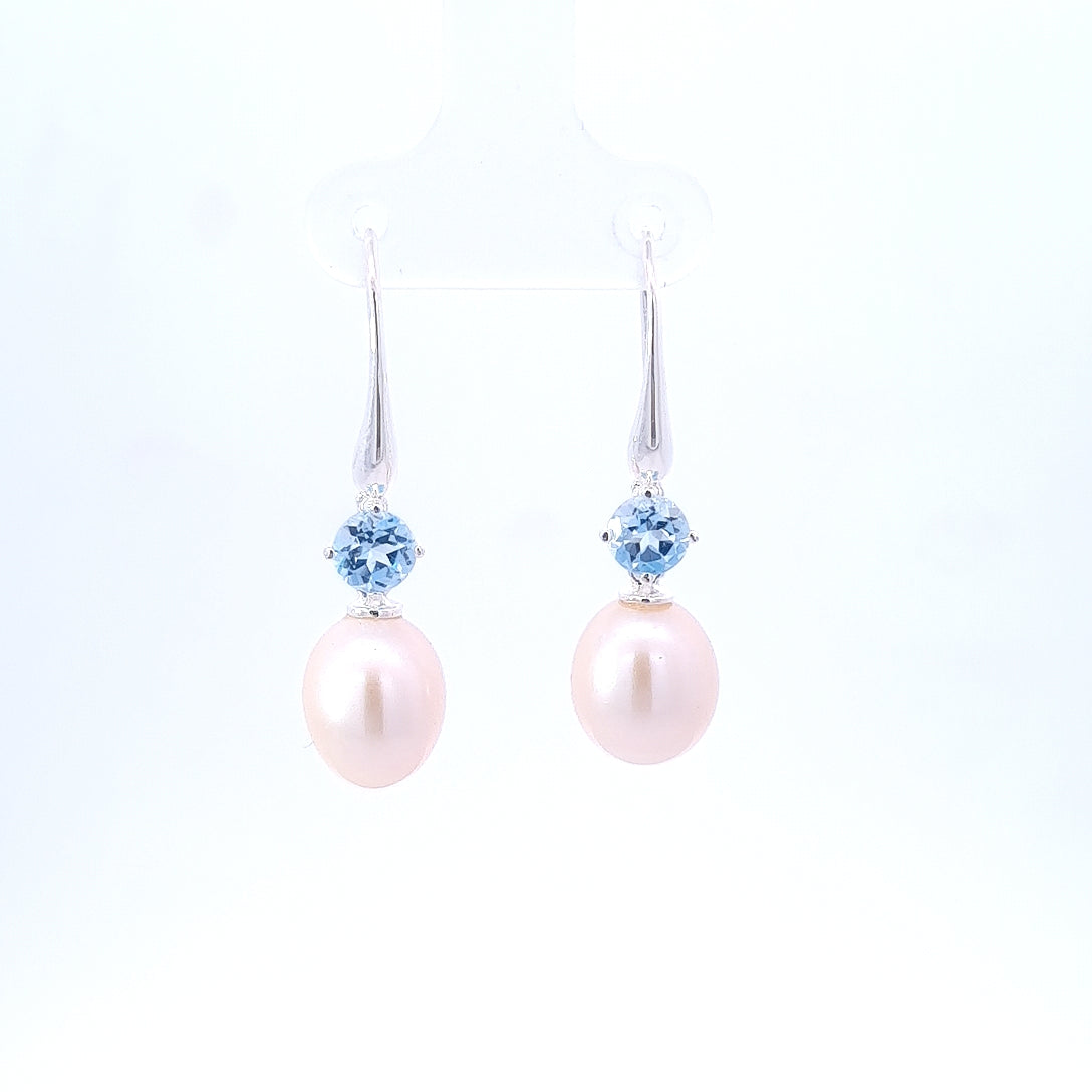Sterling Silver Pearl & Blue topaz Drop Earrings