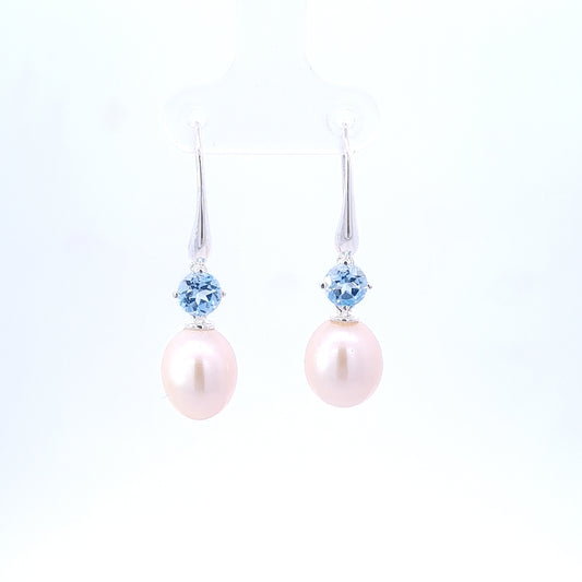 Sterling Silver Pearl & Blue topaz Drop Earrings