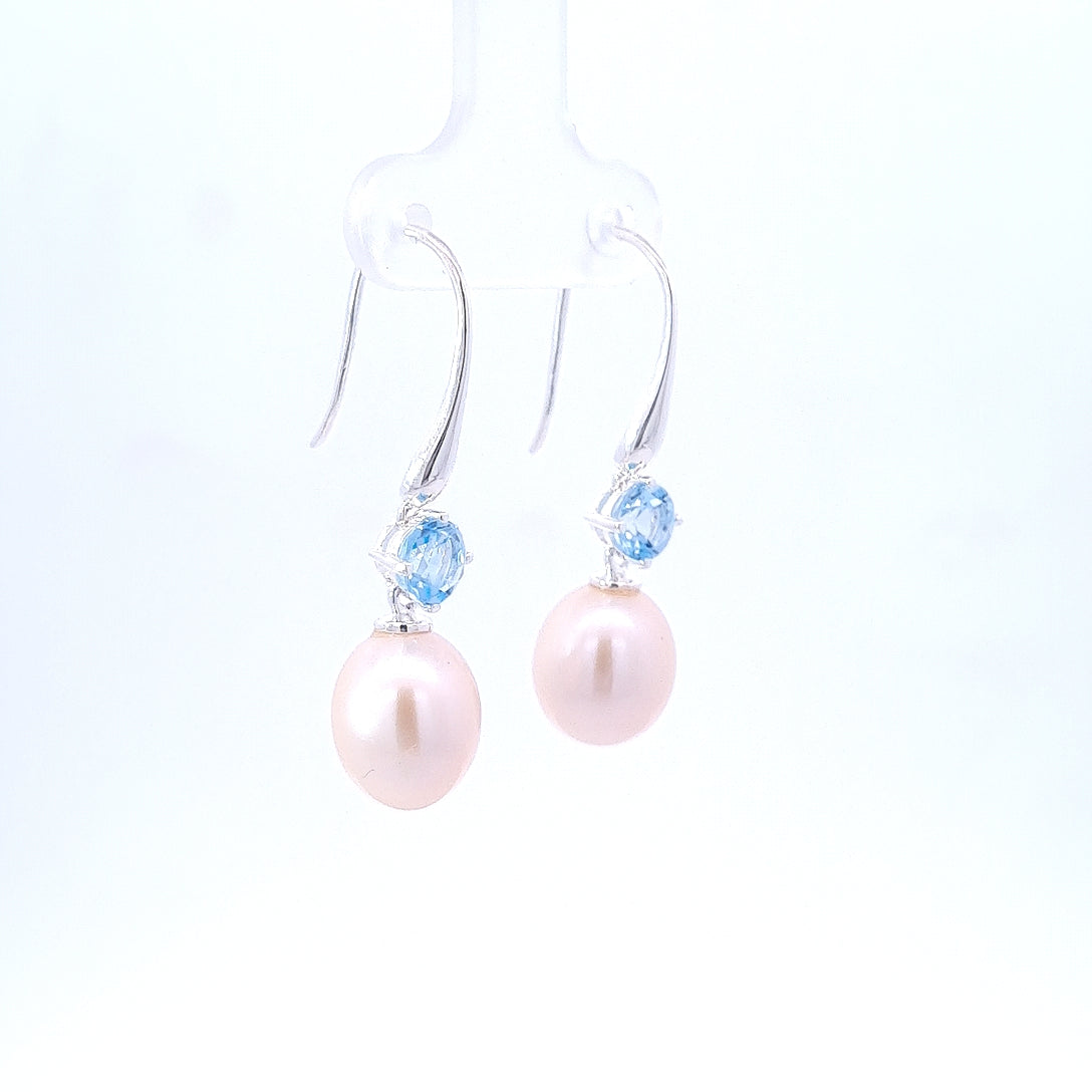 Sterling Silver Pearl & Blue topaz Drop Earrings
