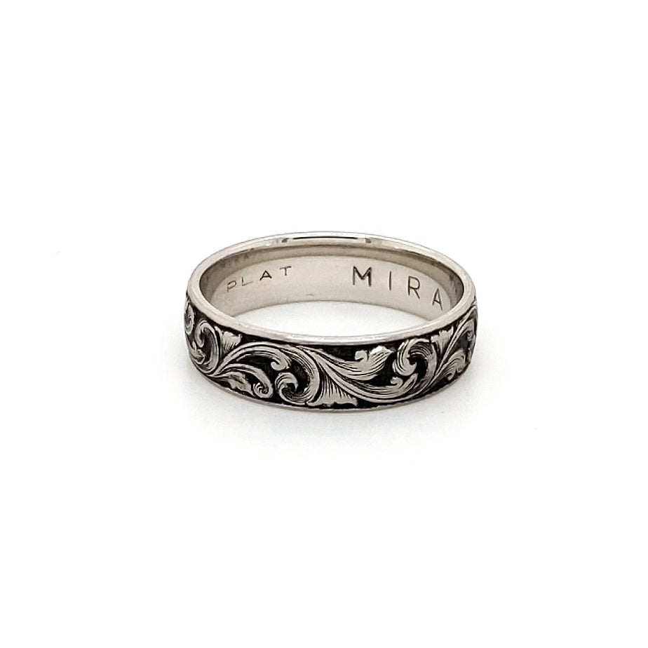 Hand Engraved Platinum Ring with deep relief scrollwork