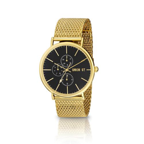 UNION ST. Ethan Unisex Watch, Black Dial, Steel / Gold Mesh Bracelet