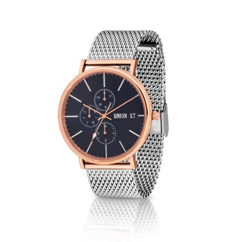 UNION ST. Ethan Unisex Watch, Navy Dial, Steel Mesh Bracelet.